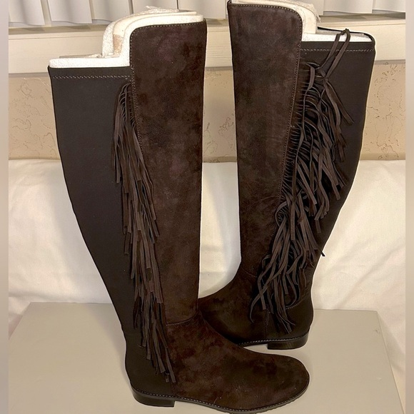 MARC FISHER MYNDEE DARK BROWN SUEDE OVER THE KNEE BOOTS w/FRINGE, 8M, NWT IN BOX - Picture 2 of 10